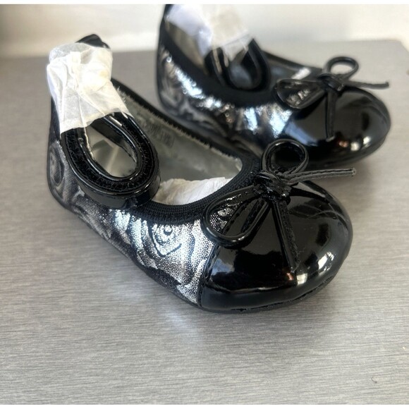 Stuart Weitzman Baby Paliava Silver Black Baby Ballet Shoes w/Bow Sz 2  3-6M NEW - Picture 4 of 8